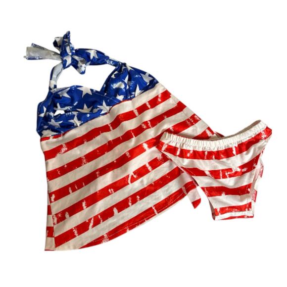 Two Piece Women’s Patriotic Halter Tankini Striped Bikini Bottom Set SZ L Multi - Picture 2 of 9